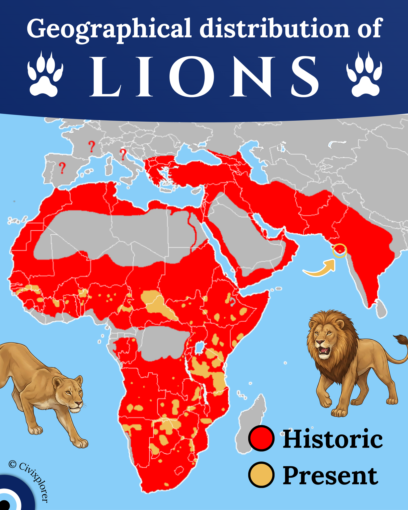 Geographical distribution of lions