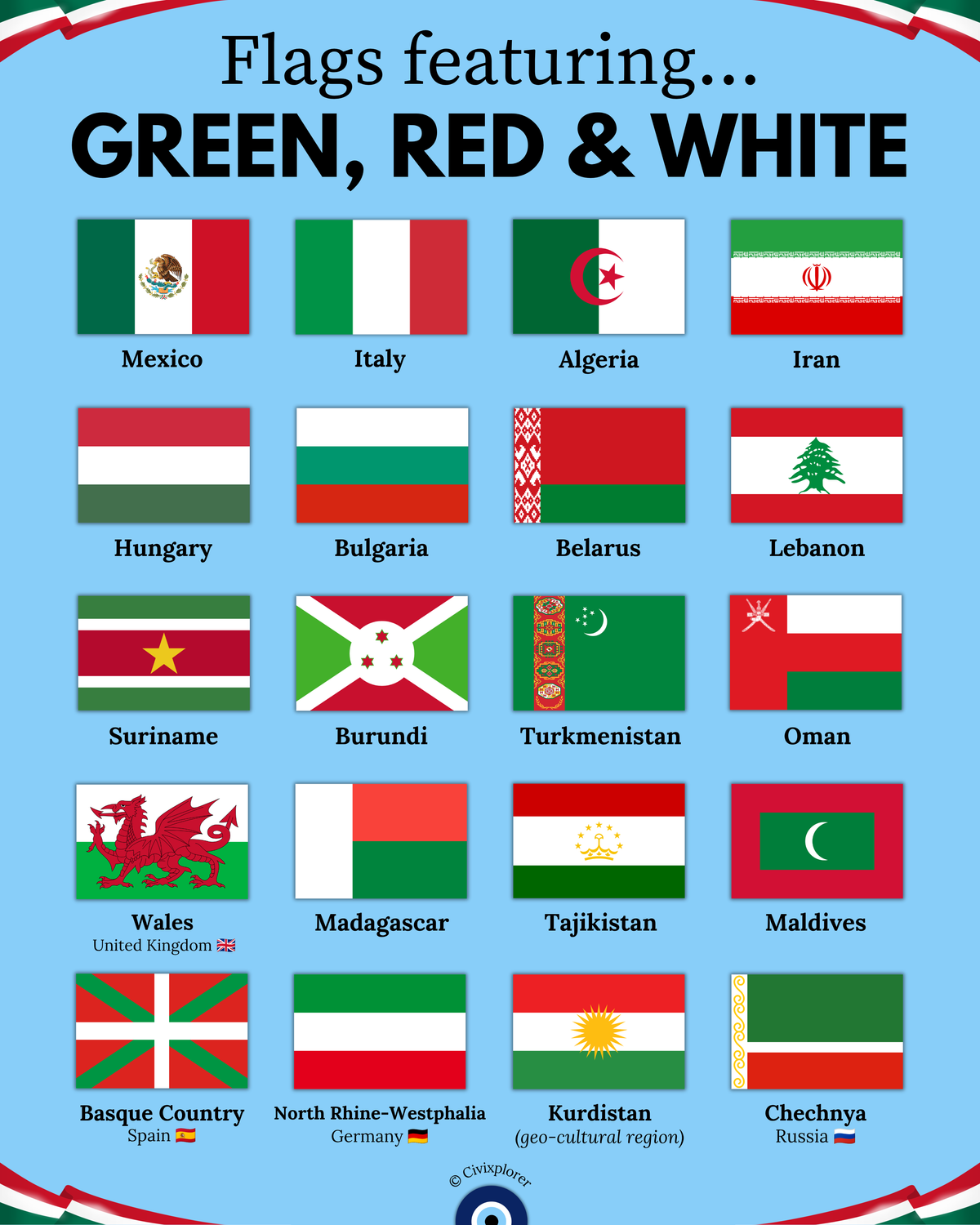 Collection of Green, Red, and White Flags